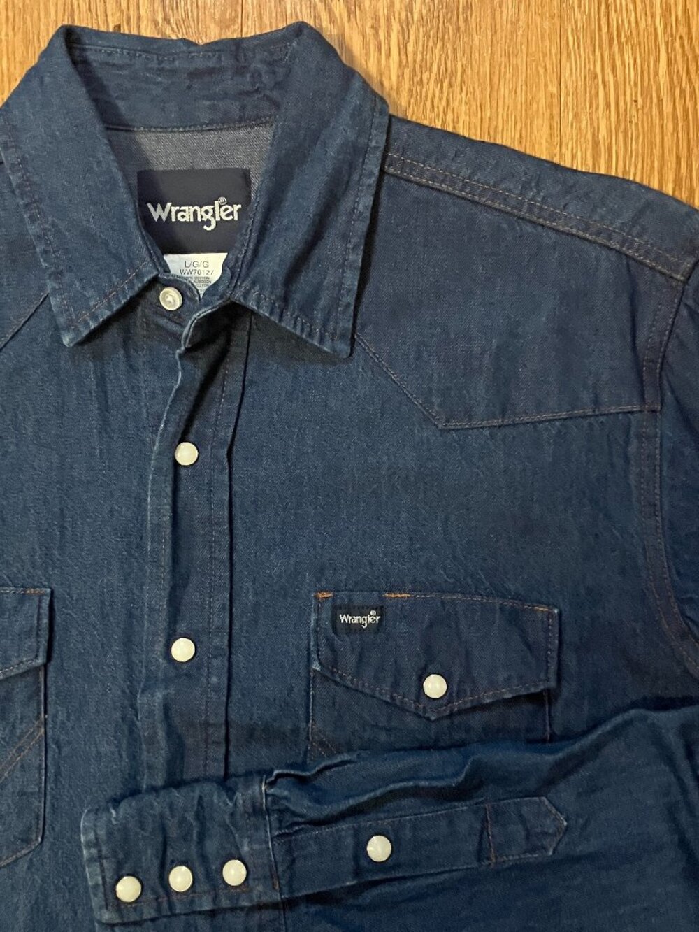 Wrangler Pearl Snap Denim Shirt Cowboy Cut Dark Indigo Western Work